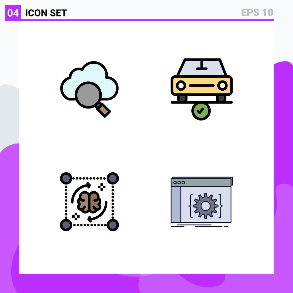 4 concepto de color plano de línea completa para sitios web móviles y aplicaciones proceso en la nube coche hecho elementos de diseño vectorial editables del cerebro vector