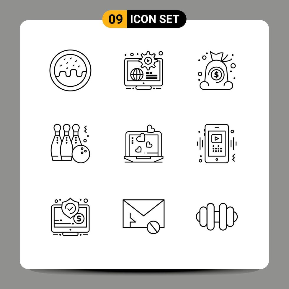 Set of 9 Modern UI Icons Symbols Signs for laptop sport bag ball bowling Editable Vector Design Elements