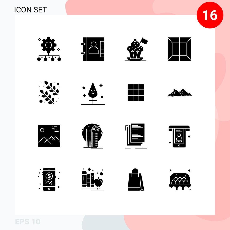 Pack of 16 creative Solid Glyphs of leaves scan chef production flag Editable Vector Design Elements