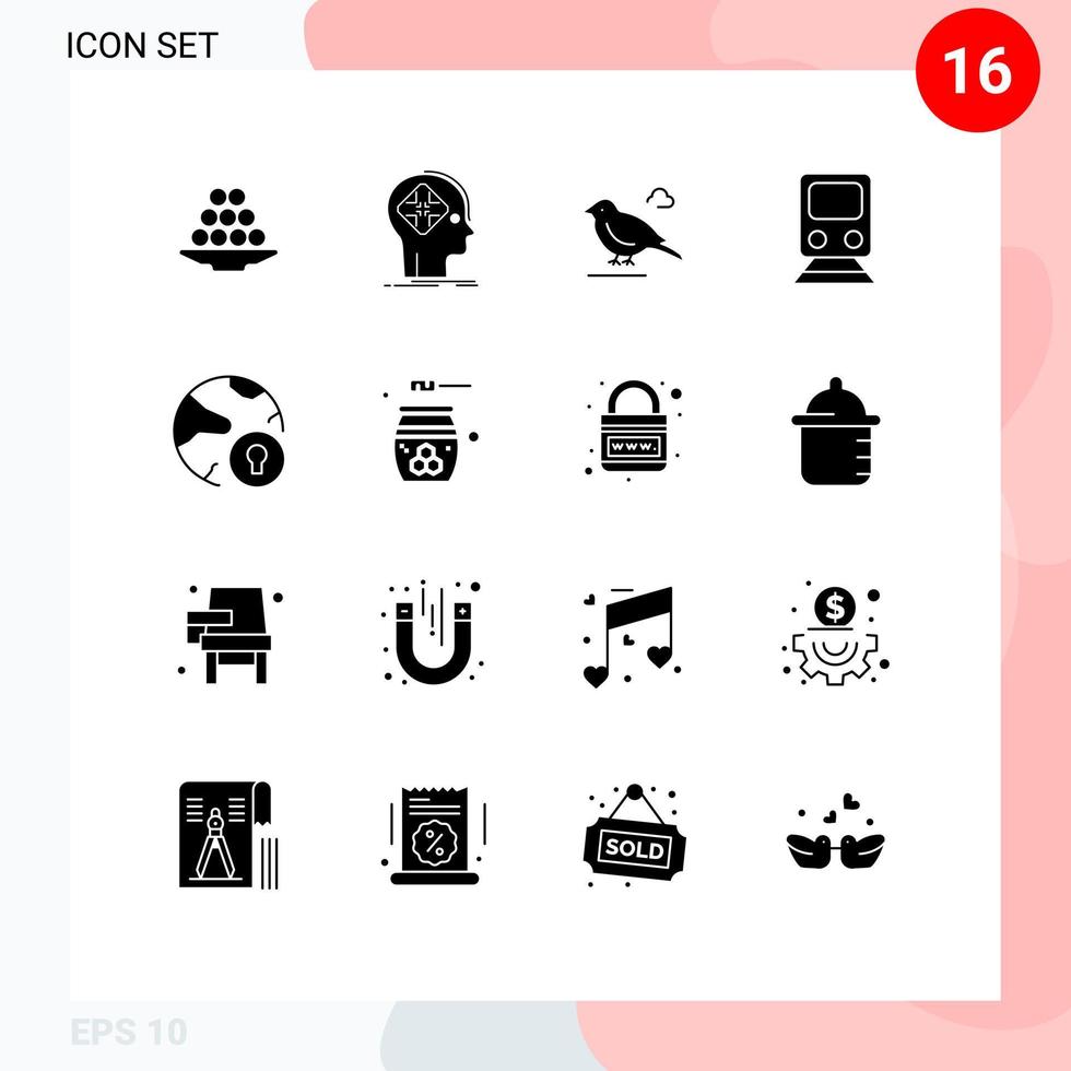 16 Thematic Vector Solid Glyphs and Editable Symbols of railway sparrow cyber small bird Editable Vector Design Elements