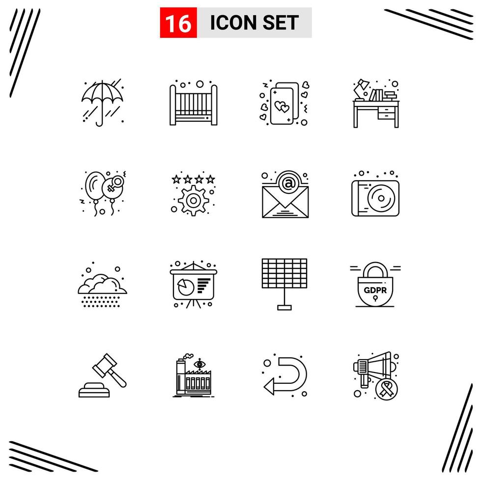 Pictogram Set of 16 Simple Outlines of day study table hearts table desk Editable Vector Design Elements