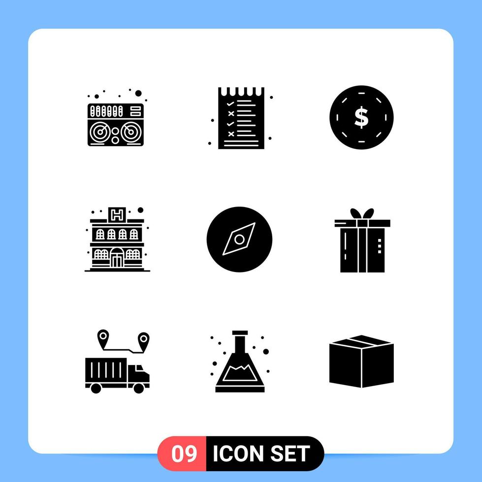 Universal Icon Symbols Group of 9 Modern Solid Glyphs of dinner map finance compass building Editable Vector Design Elements