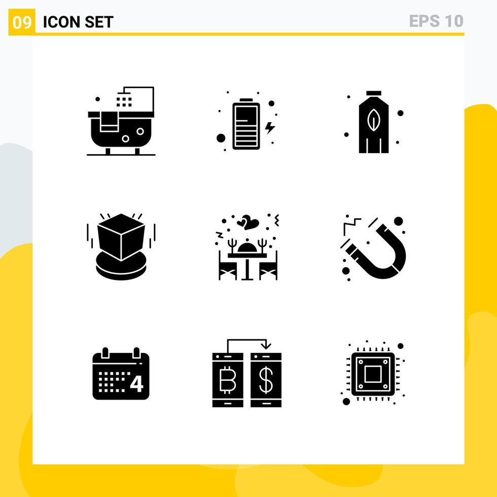 Universal Icon Symbols Group of 9 Modern Solid Glyphs of table love plant dinner object Editable Vector Design Elements