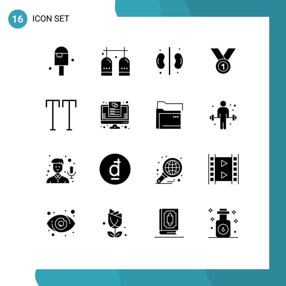 Mobile Interface Solid Glyph Set of 16 Pictograms of medal award oxygen achieve medical Editable Vector Design Elements