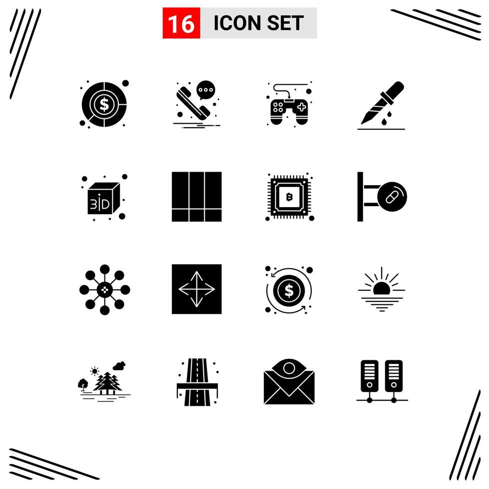 Group of 16 Solid Glyphs Signs and Symbols for layout grid remote cube medicine Editable Vector Design Elements