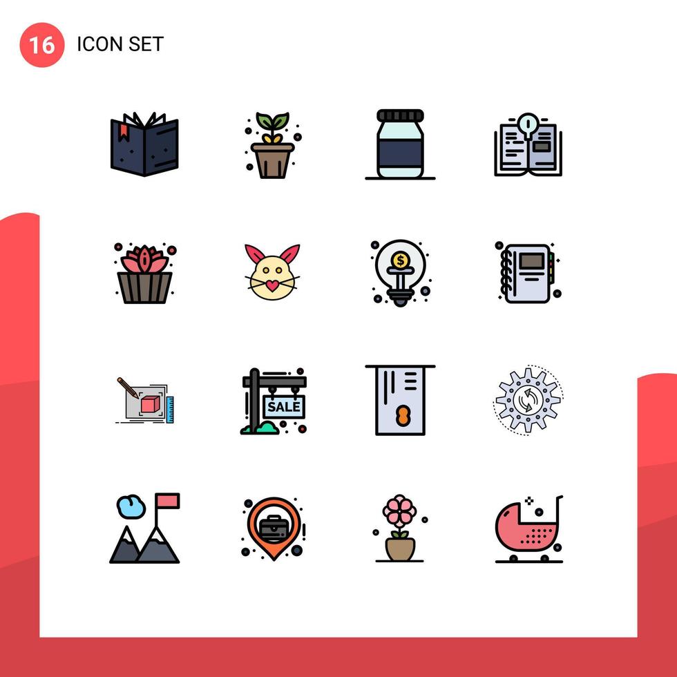 16 Thematic Vector Flat Color Filled Lines and Editable Symbols of love rabbit flask lotus bucket Editable Creative Vector Design Elements