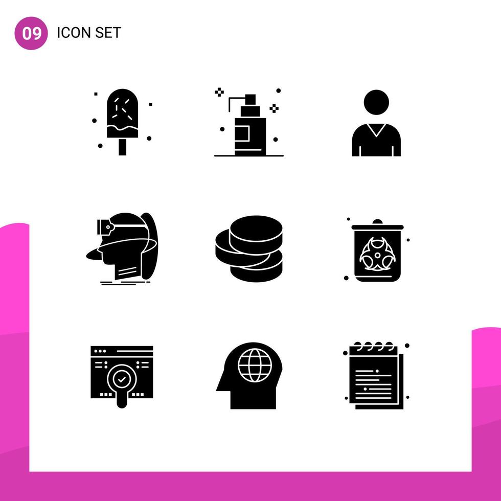 9 User Interface Solid Glyph Pack of modern Signs and Symbols of cash virtual avatar user man Editable Vector Design Elements