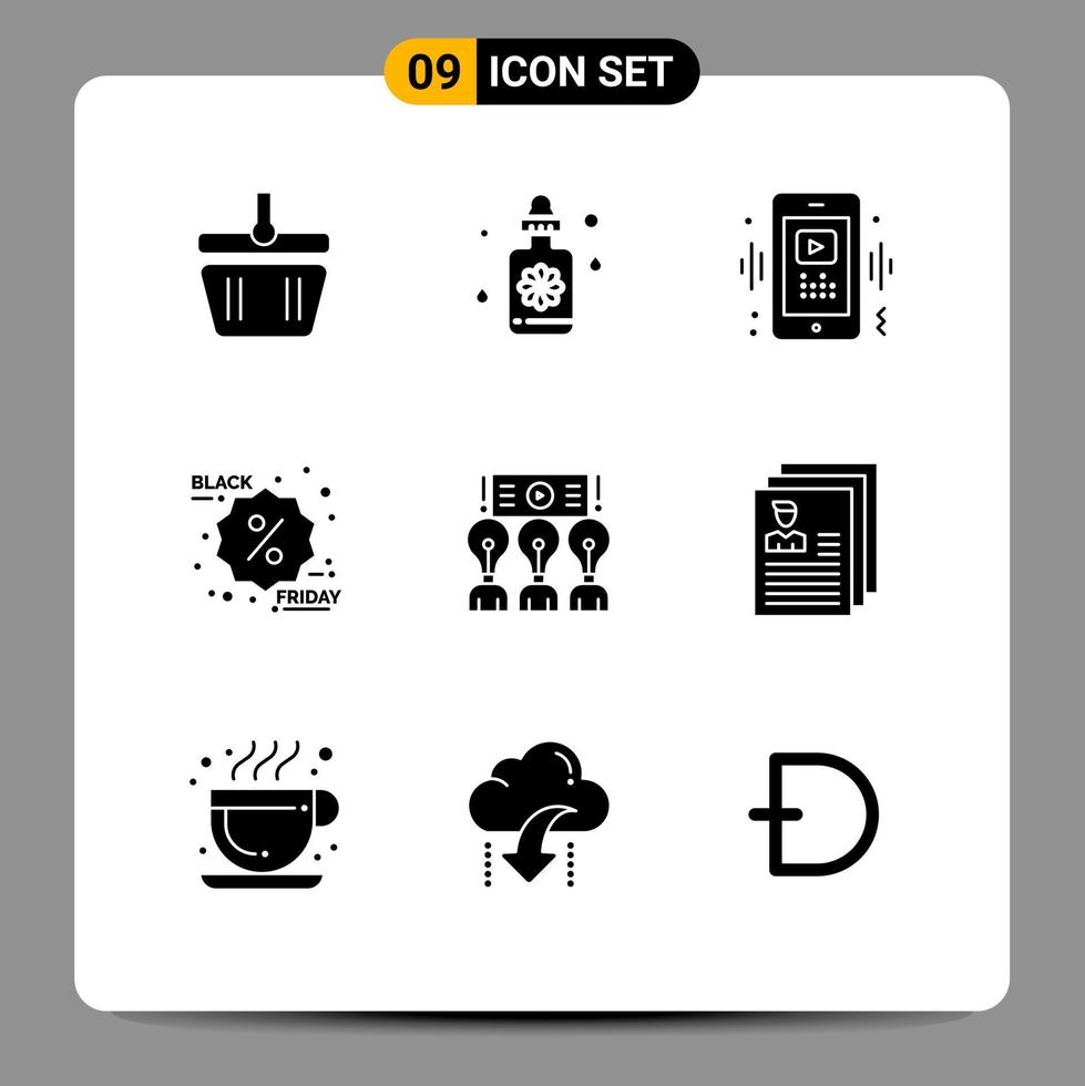 9 Universal Solid Glyphs Set for Web and Mobile Applications presentation promotion smart label black friday Editable Vector Design Elements