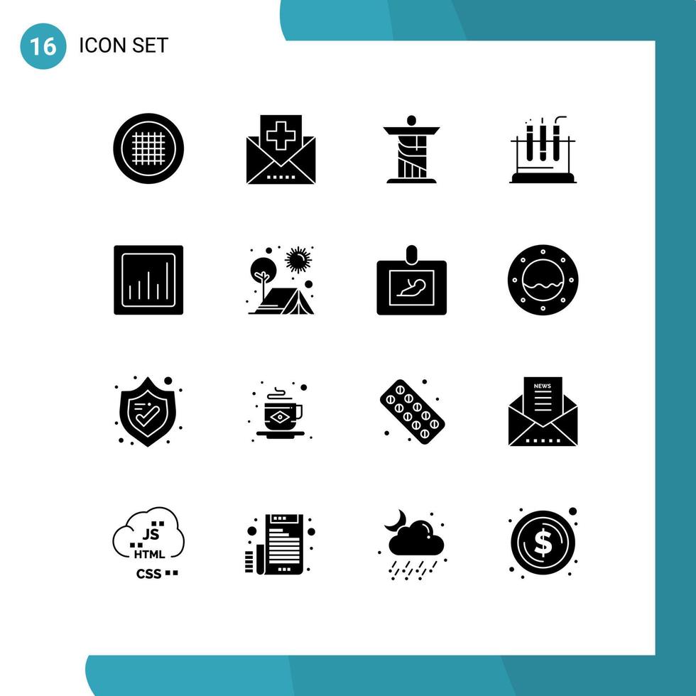 Mobile Interface Solid Glyph Set of 16 Pictograms of analytics test medicine lab landmark Editable Vector Design Elements