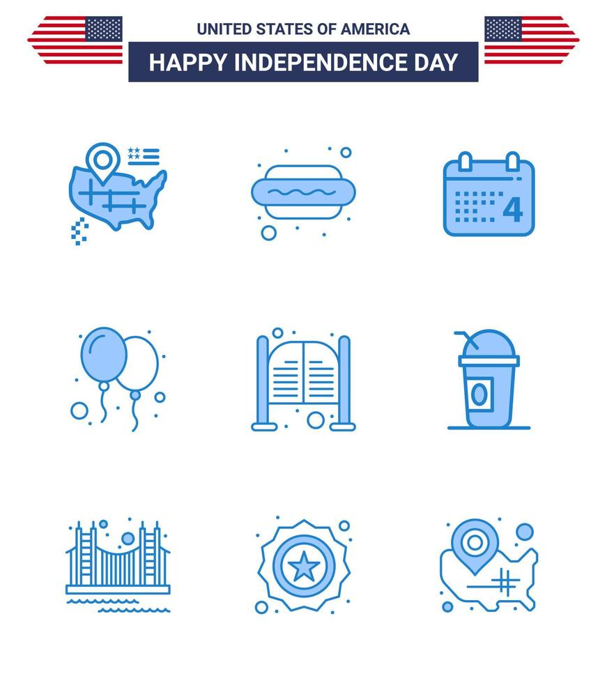 Pack of 9 USA Independence Day Celebration Blues Signs and 4th July Symbols such as saloon bar day party celebrate Editable USA Day Vector Design Elements