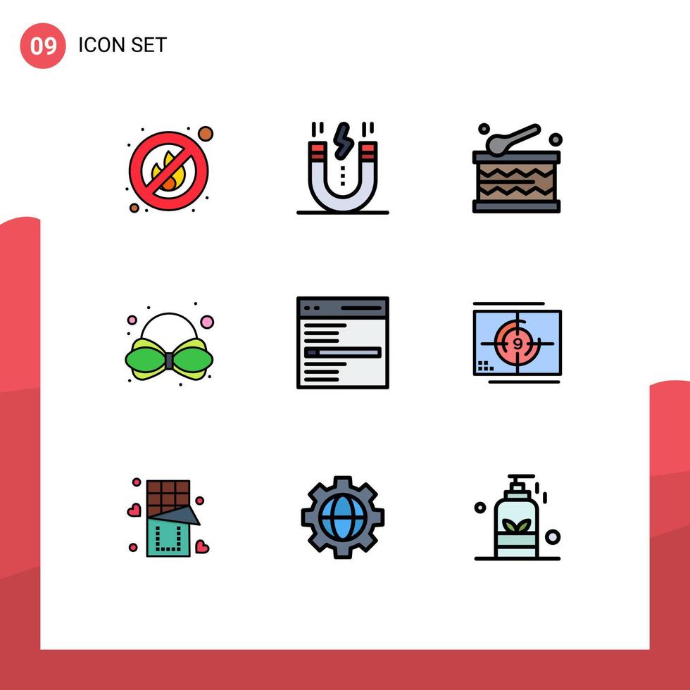 Editable Vector Line Pack of 9 Simple Filledline Flat Colors of search engine celebration communication carnival Editable Vector Design Elements
