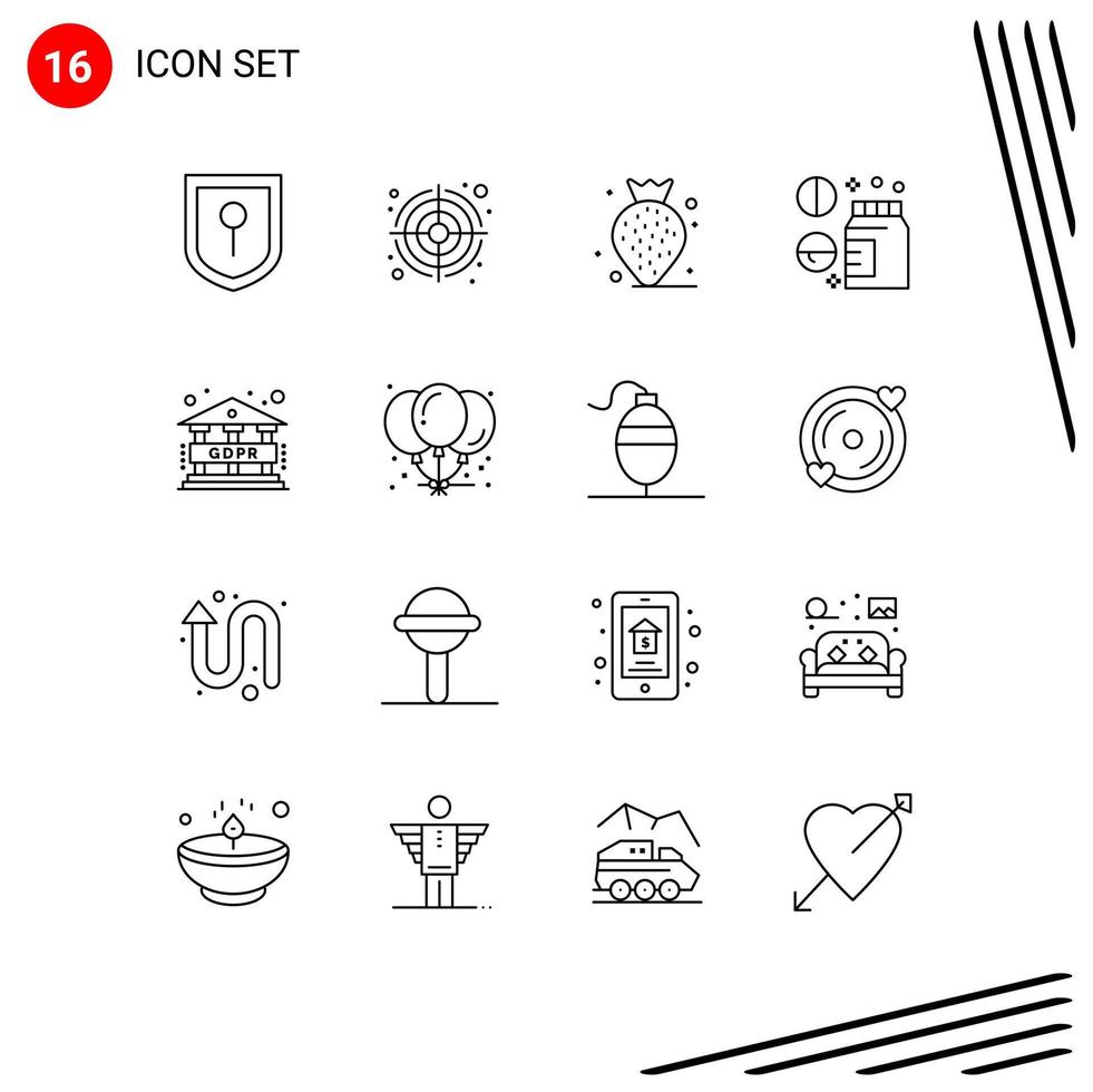 Group of 16 Modern Outlines Set for celebration balloons drug regulation data Editable Vector Design Elements