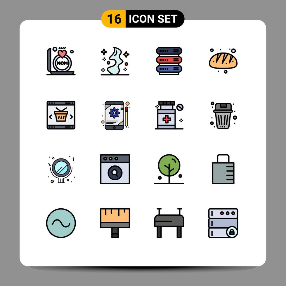 Modern Set of 16 Flat Color Filled Lines and symbols such as basket food computing bread bakery Editable Creative Vector Design Elements