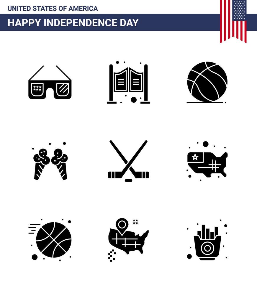 Set of 9 Modern Solid Glyphs pack on USA Independence Day ice sport american football cream icecream Editable USA Day Vector Design Elements