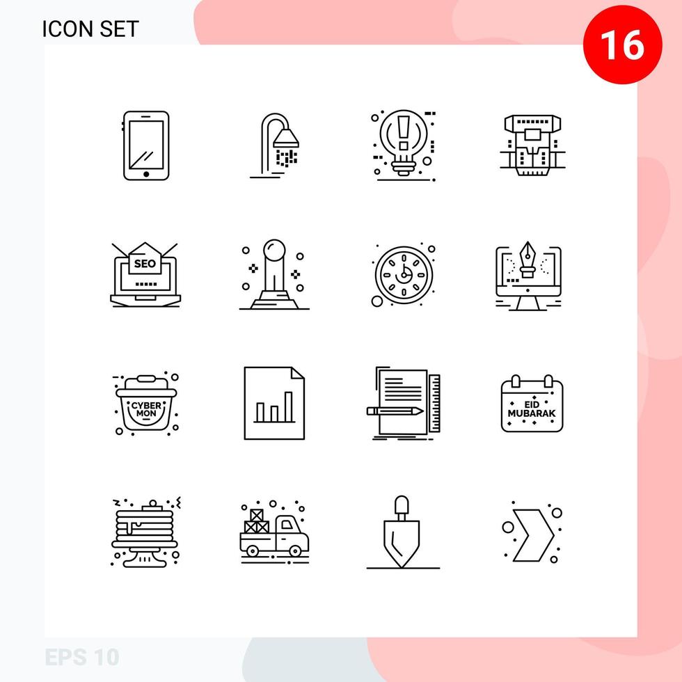 Universal Icon Symbols Group of 16 Modern Outlines of cryonics chamber shower box power Editable Vector Design Elements