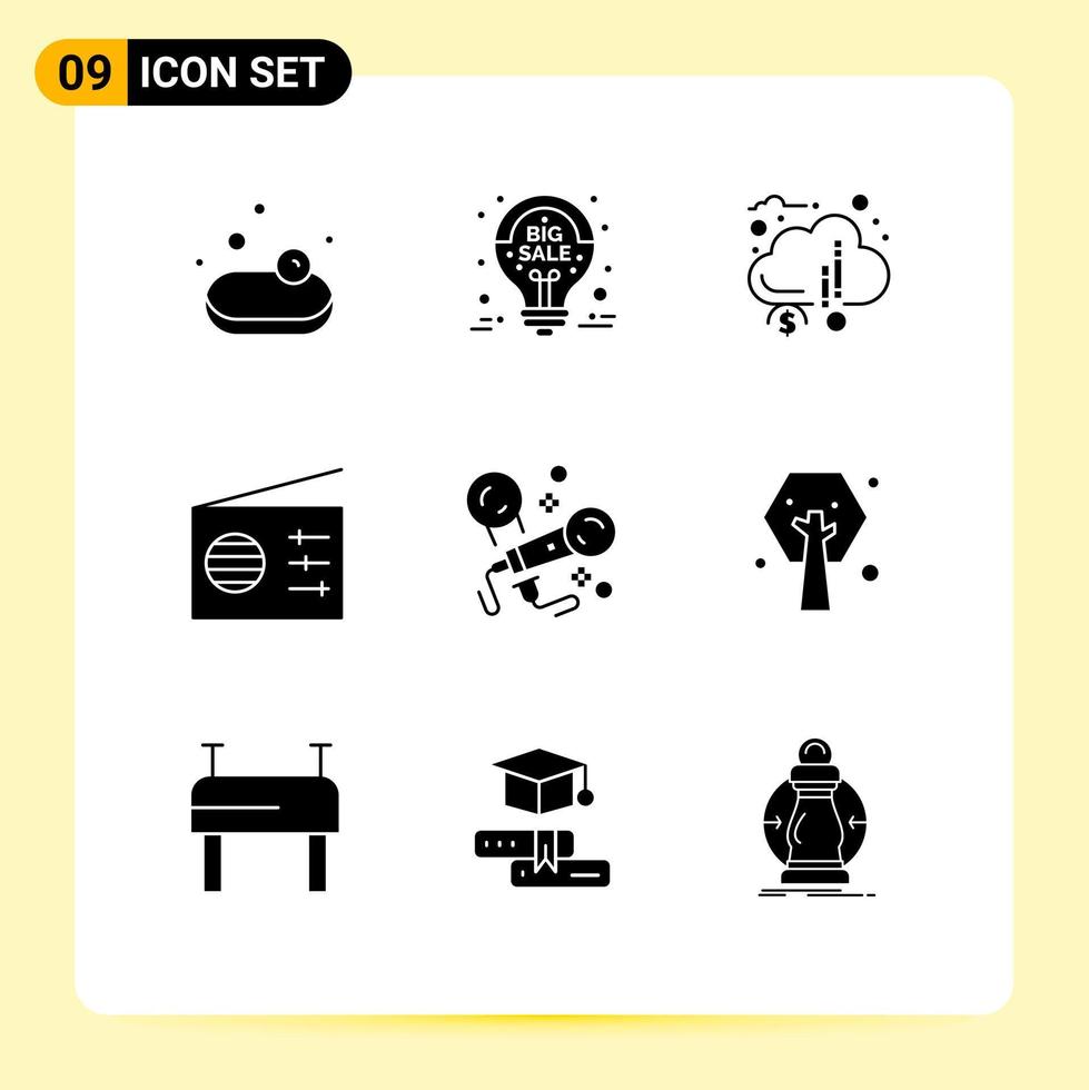 Pictogram Set of 9 Simple Solid Glyphs of microphone signal crowd funding radio funds Editable Vector Design Elements