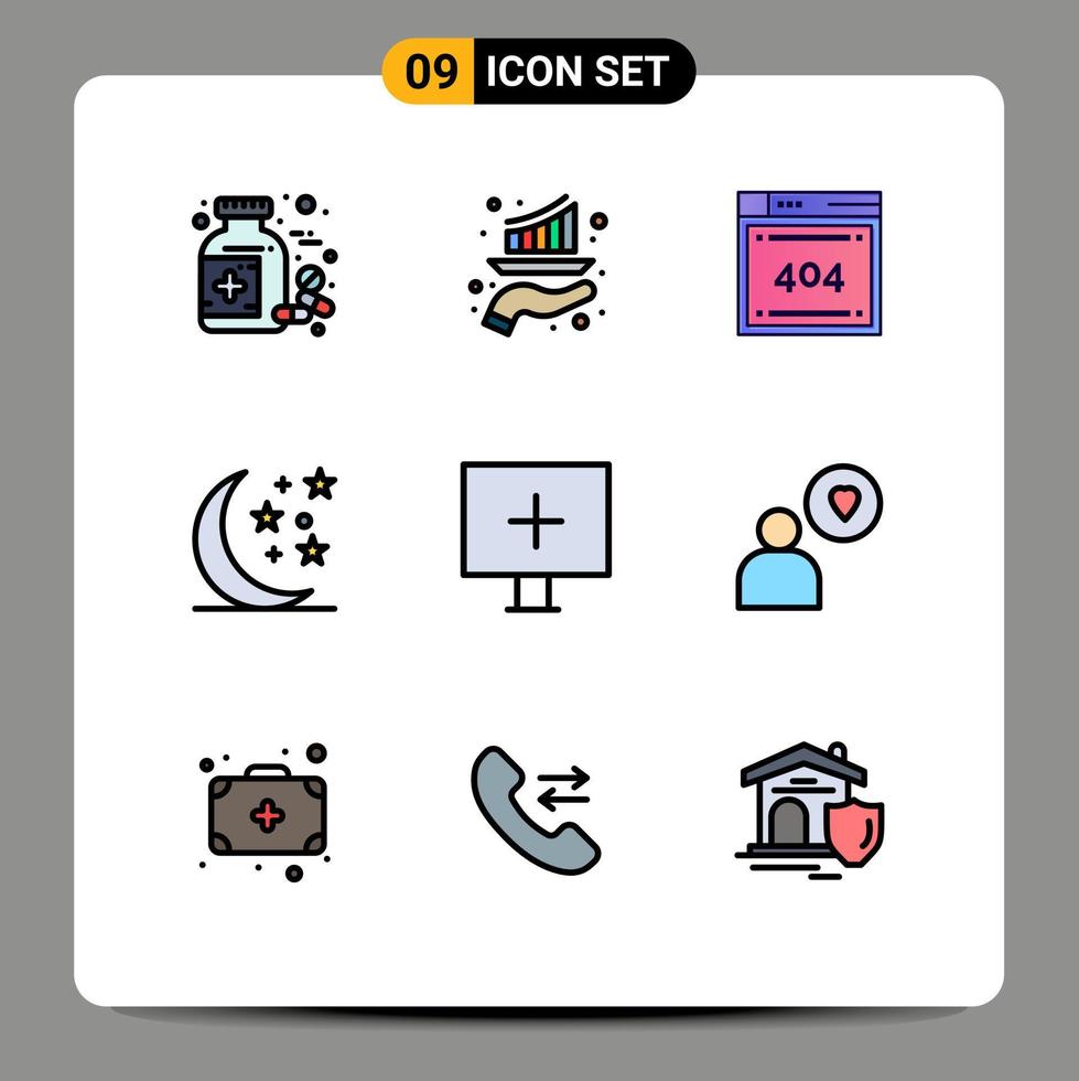 Mobile Interface Filledline Flat Color Set of 9 Pictograms of alert night report moon codiing Editable Vector Design Elements