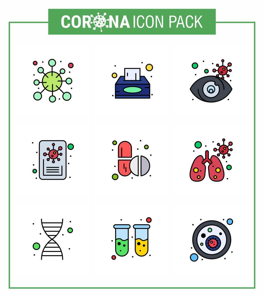 corona virus enfermedad 9 línea llena paquete de iconos de color plano chupar como pastillas virus caja de tejido informe virus infectado coronavirus viral 2019nov enfermedad vector elementos de diseño