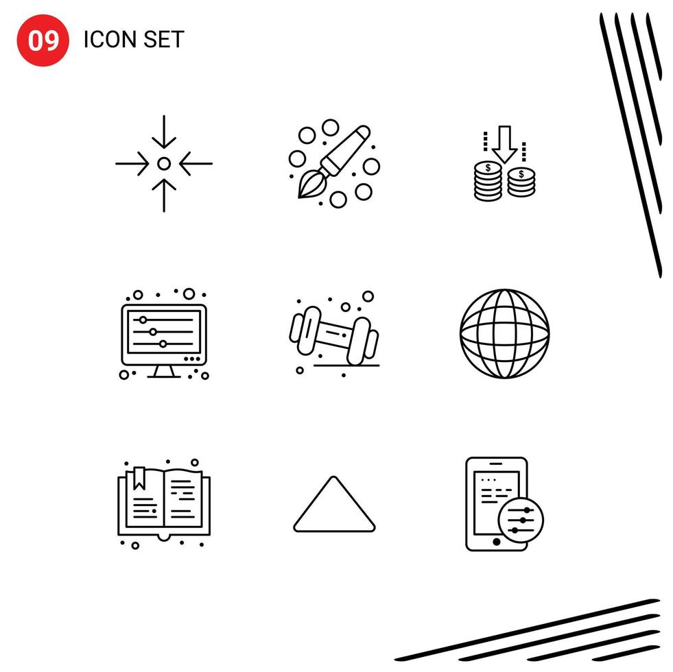 Modern Set of 9 Outlines and symbols such as fitness diet transfer waves mixer Editable Vector Design Elements