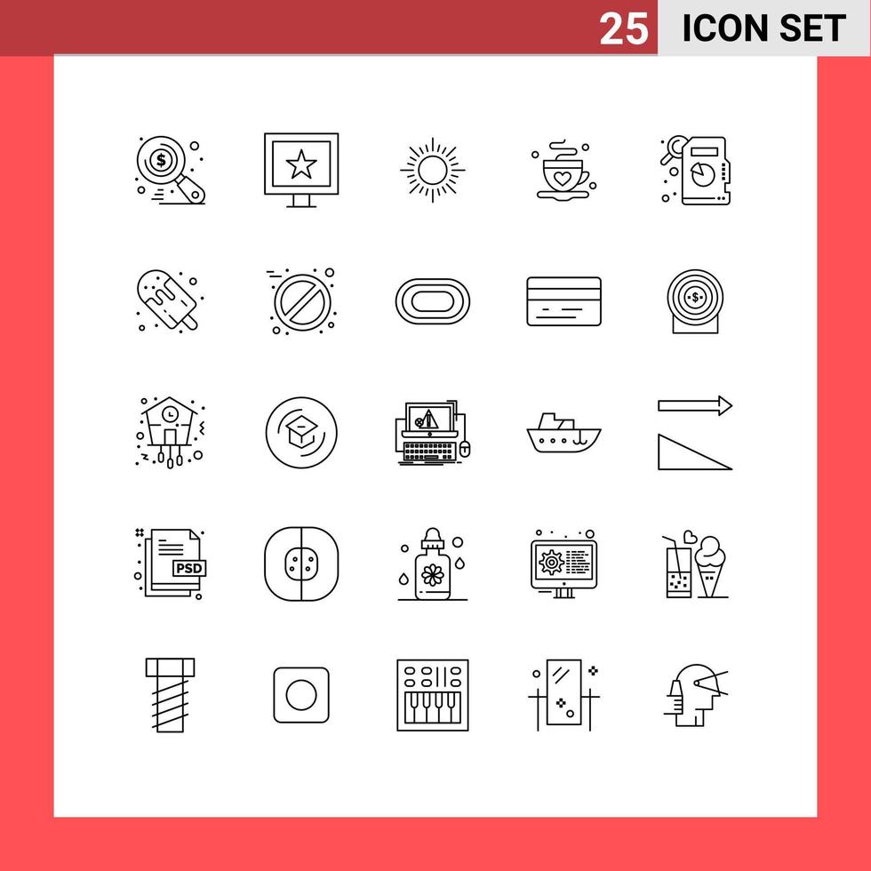 Modern Set of 25 Lines Pictograph of dessert statistical analysis sunrise descriptive statistics tea Editable Vector Design Elements