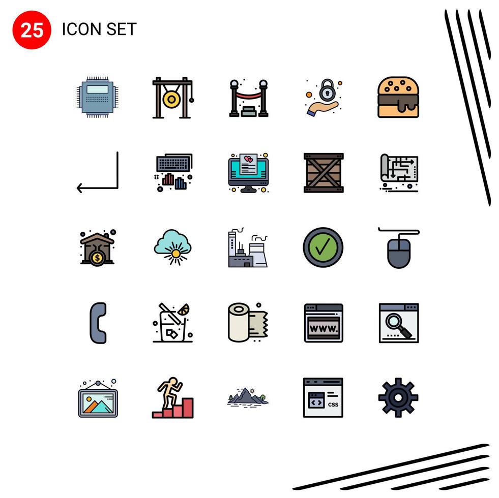 Pictogram Set of 25 Simple Filled line Flat Colors of fast food lock music hand party Editable Vector Design Elements