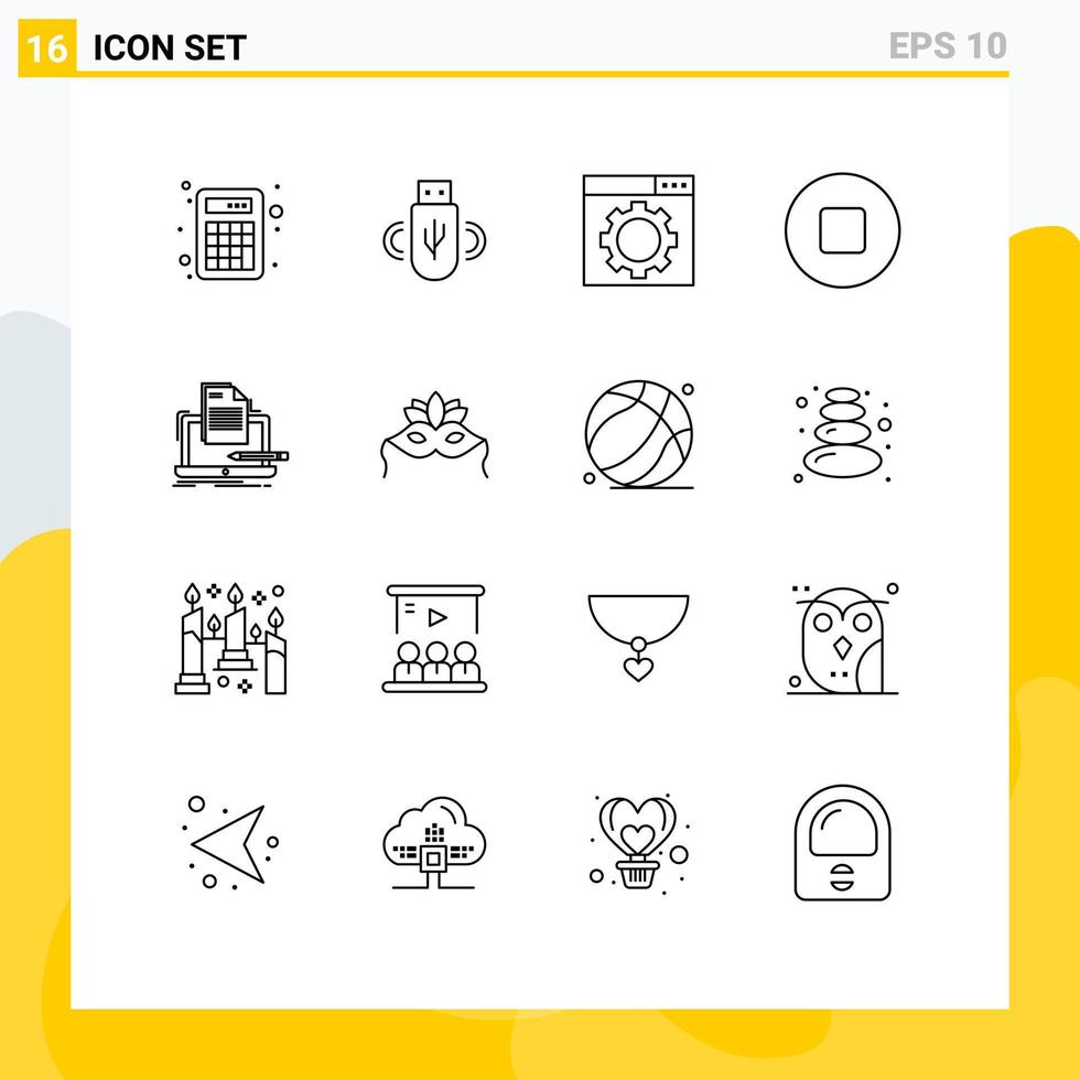 Universal Icon Symbols Group of 16 Modern Outlines of paper computer optimization coding stop Editable Vector Design Elements