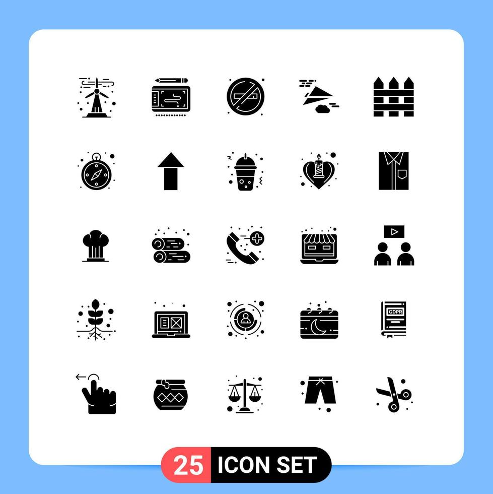 Group of 25 Solid Glyphs Signs and Symbols for fence design fire paper paper plane Editable Vector Design Elements
