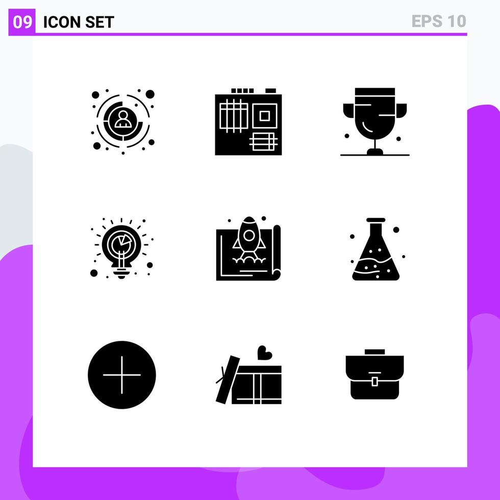 Mobile Interface Solid Glyph Set of 9 Pictograms of launch analysis award ideas planning Editable Vector Design Elements