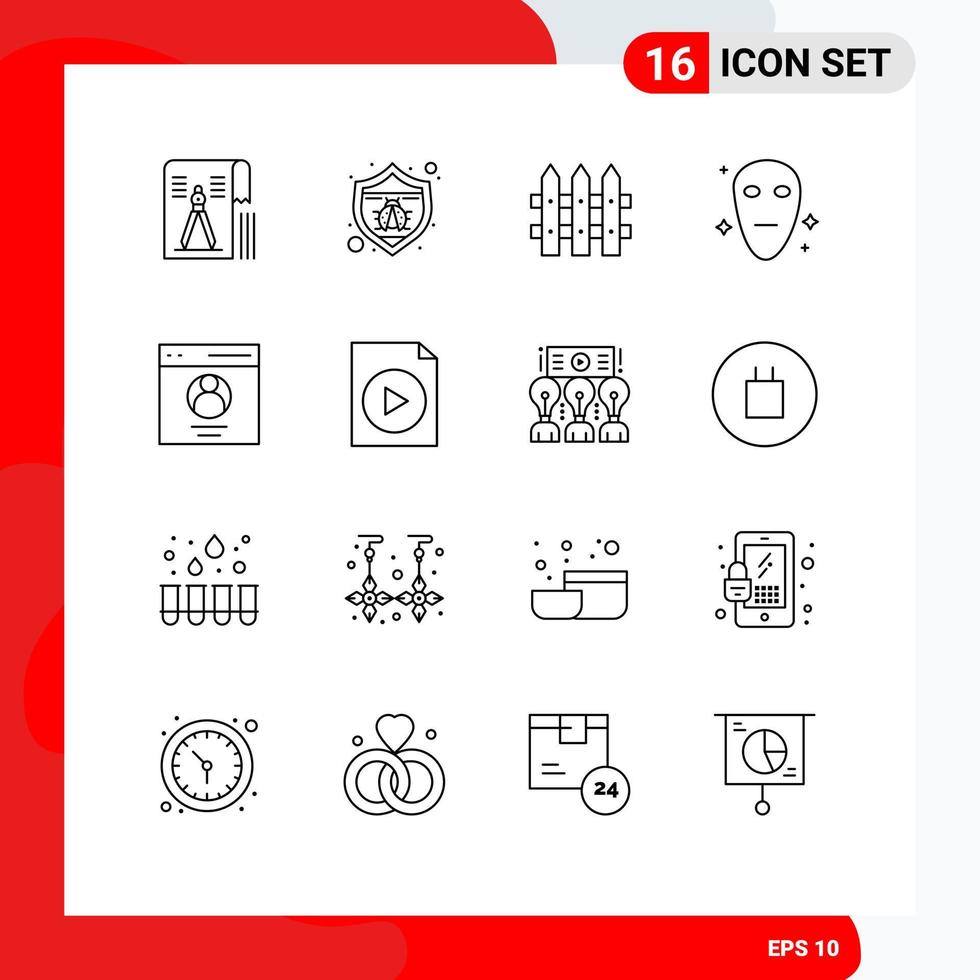 User Interface Pack of 16 Basic Outlines of profile communication bug space alien Editable Vector Design Elements