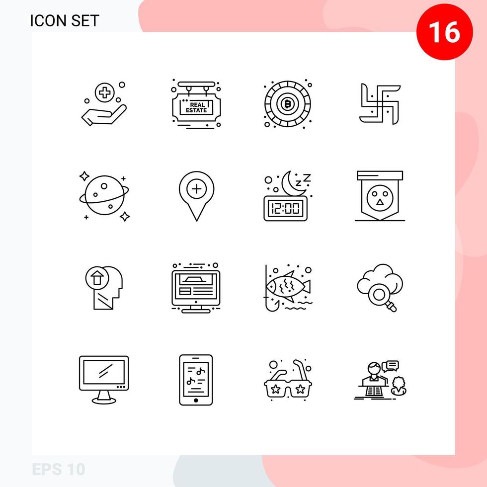 16 Creative Icons Modern Signs and Symbols of location saturn coin planet pray Editable Vector Design Elements