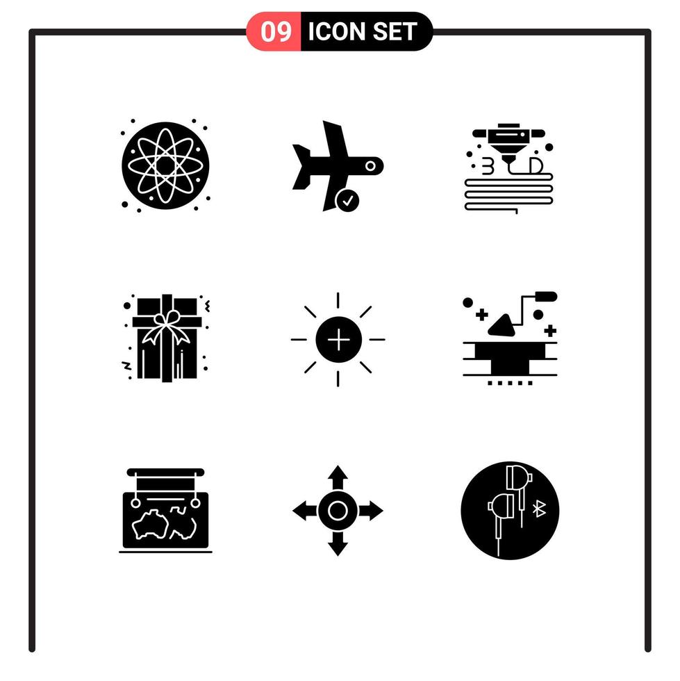 Group of 9 Solid Glyphs Signs and Symbols for ui brightness gadget present box Editable Vector Design Elements