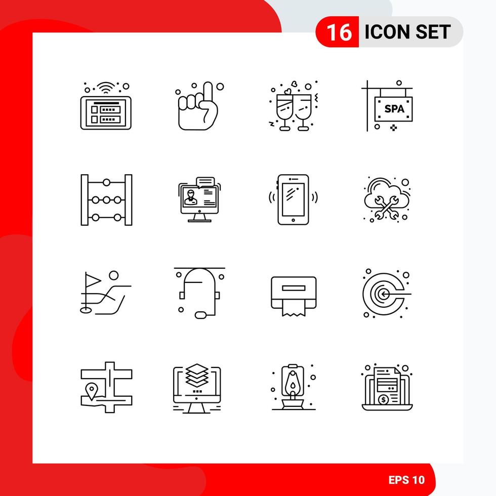 Modern Set of 16 Outlines Pictograph of abacus spa belive sign reception Editable Vector Design Elements