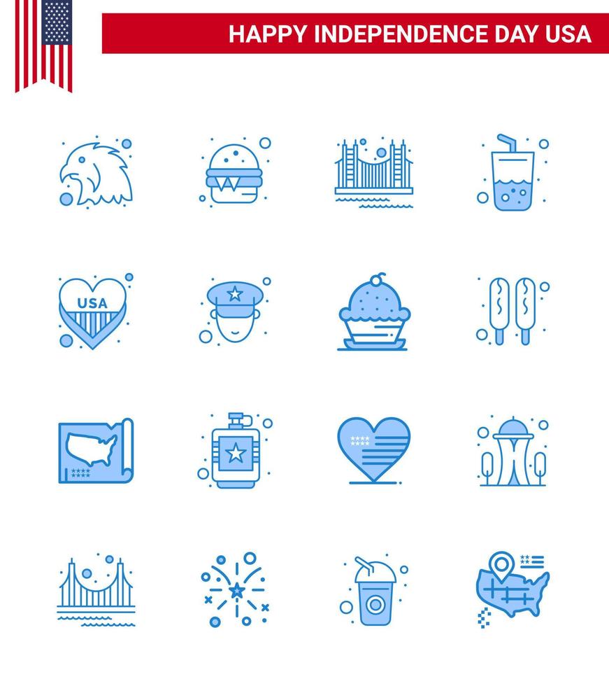 conjunto de 16 iconos del día de los ee.uu. símbolos americanos signos del día de la independencia para la bebida de la puerta del verano americano ee.uu. elementos de diseño vectorial editables del día de los ee.uu. vector