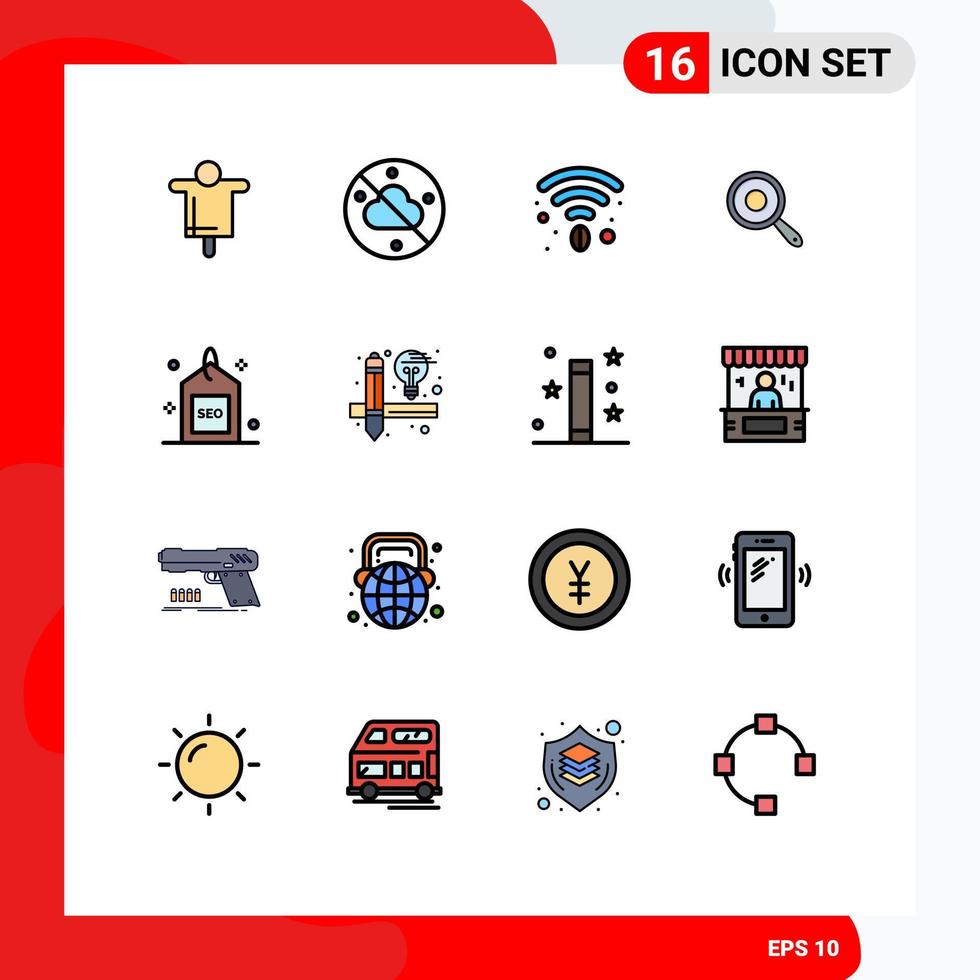 Pictogram Set of 16 Simple Flat Color Filled Lines of search media coffee engine kitchen Editable Creative Vector Design Elements