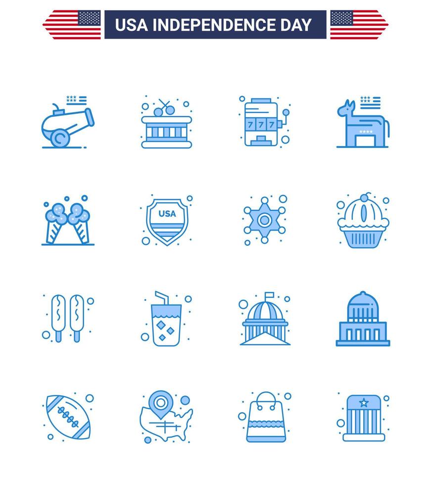 paquete azul de 16 símbolos del día de la independencia de estados unidos de símbolo de máquina de helado de crema elementos de diseño de vector de día de estados unidos editables estadounidenses