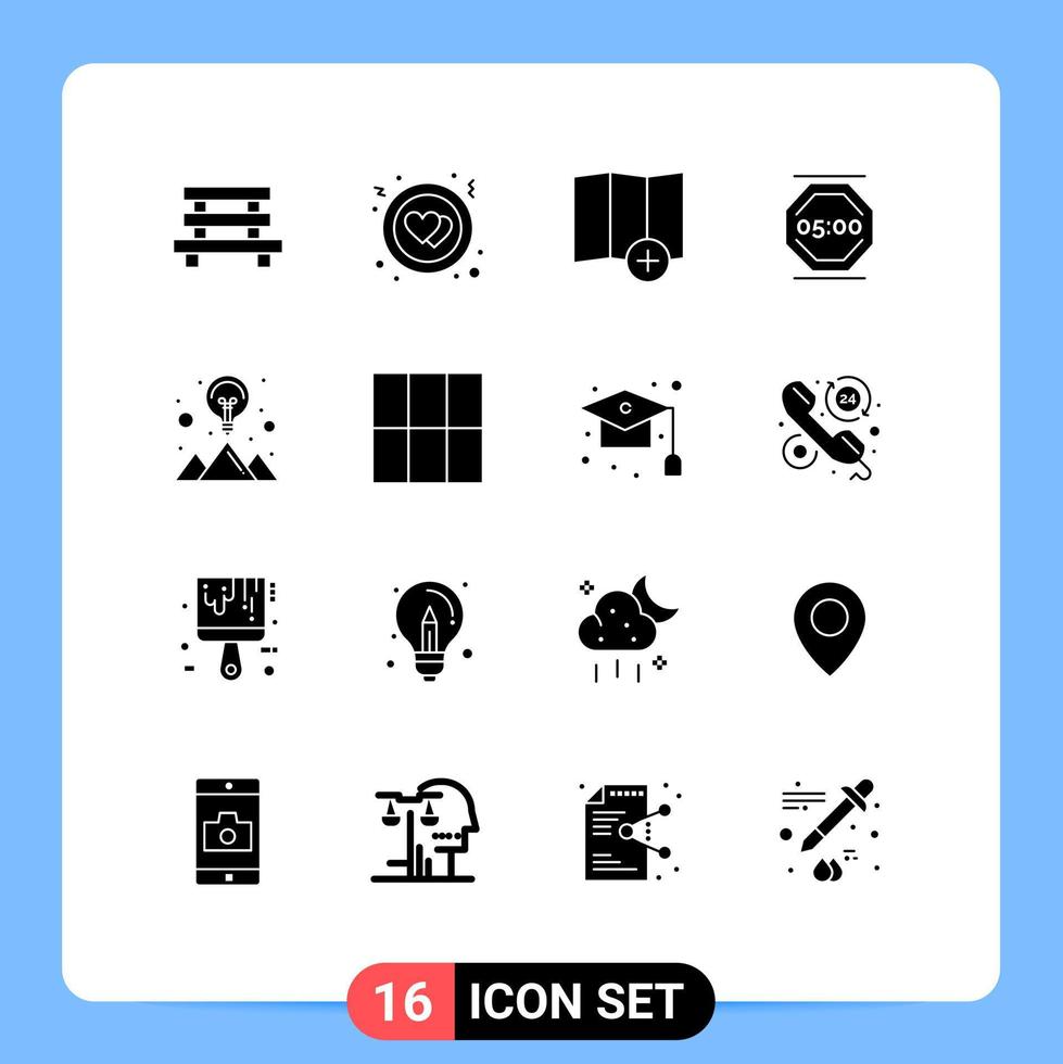 Mobile Interface Solid Glyph Set of 16 Pictograms of idea working location work rest Editable Vector Design Elements