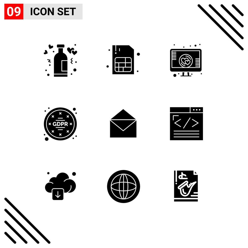 Group of 9 Solid Glyphs Signs and Symbols for mail data love regulations gdpr Editable Vector Design Elements