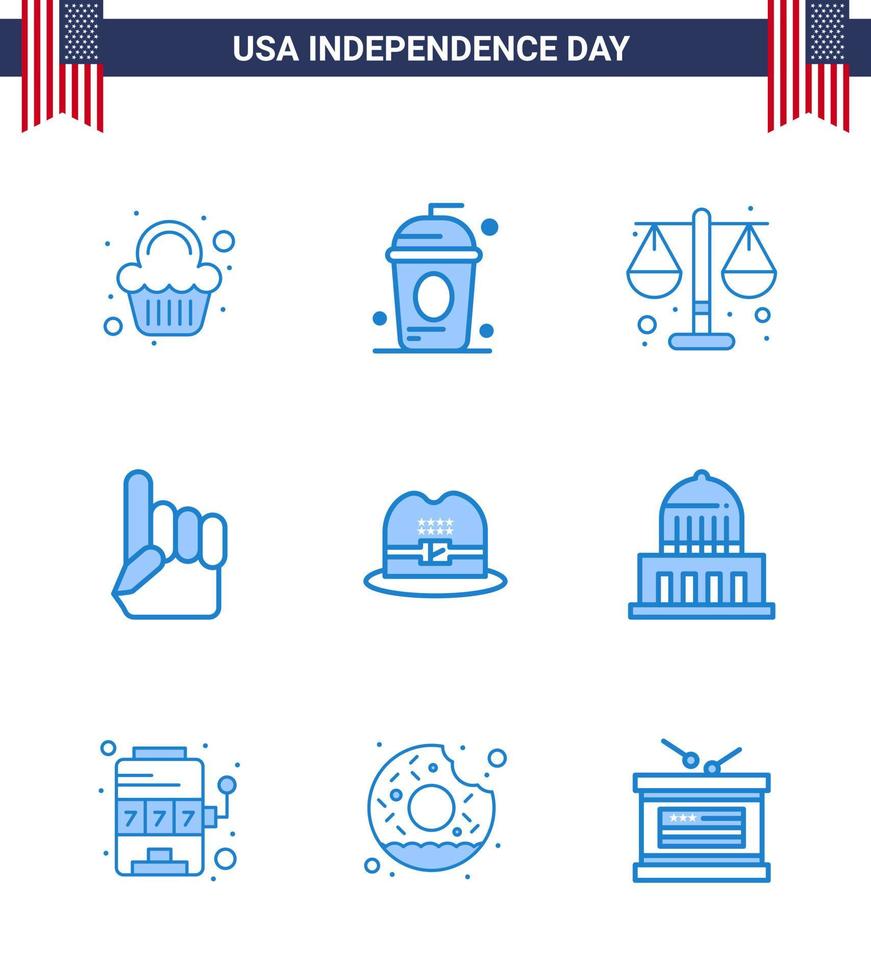 4th July USA Happy Independence Day Icon Symbols Group of 9 Modern Blues of hat usa independece hand scale Editable USA Day Vector Design Elements