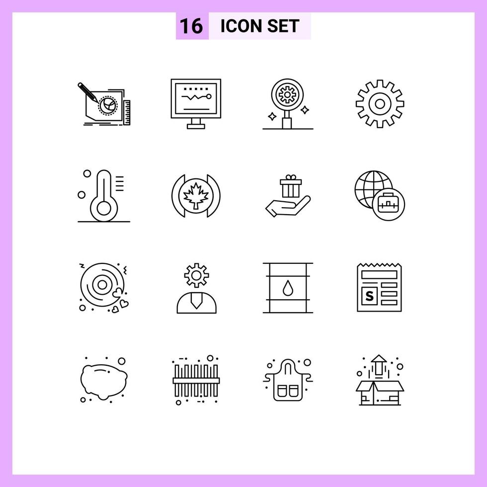 Group of 16 Modern Outlines Set for cogs setting heartbeat gear gear Editable Vector Design Elements