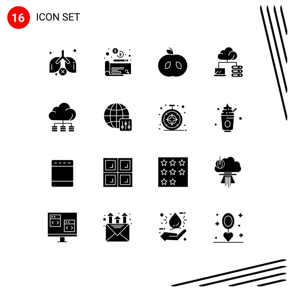 Universal Icon Symbols Group of 16 Modern Solid Glyphs of configuration technology fruit storage cloud Editable Vector Design Elements