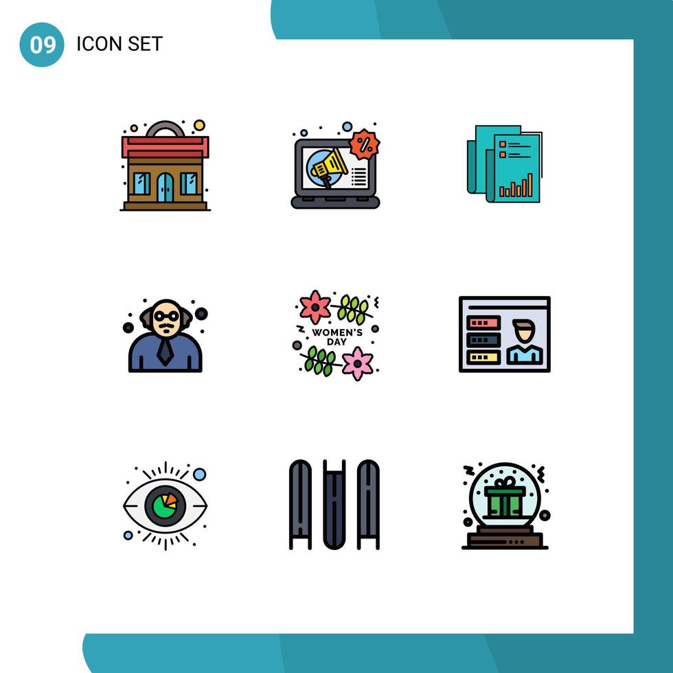 Editable Vector Line Pack of 9 Simple Filledline Flat Colors of education school report paper data Editable Vector Design Elements