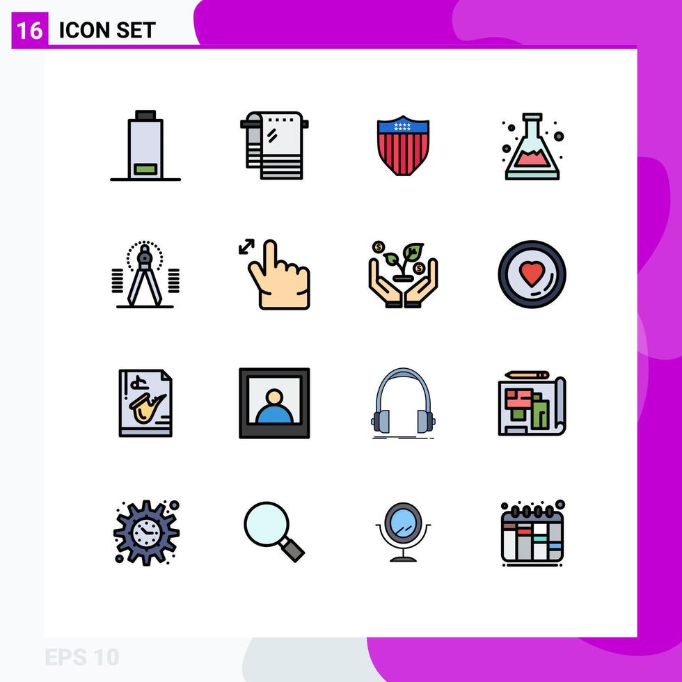 Pack of 16 Modern Flat Color Filled Lines Signs and Symbols for Web Print Media such as tool compass shield study beaker Editable Creative Vector Design Elements