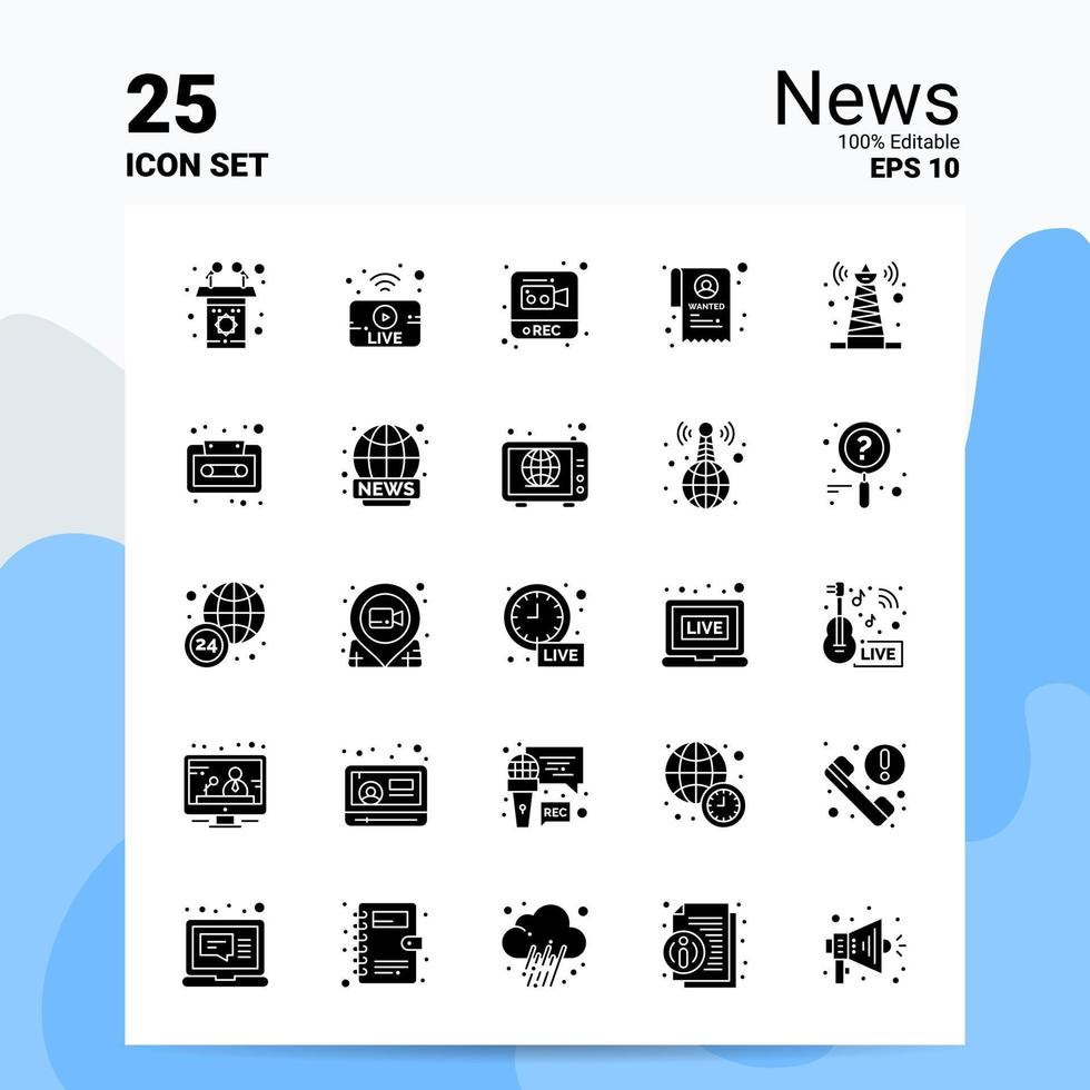 25 News Icon Set 100 Editable EPS 10 Files Business Logo Concept Ideas Solid Glyph icon design vector