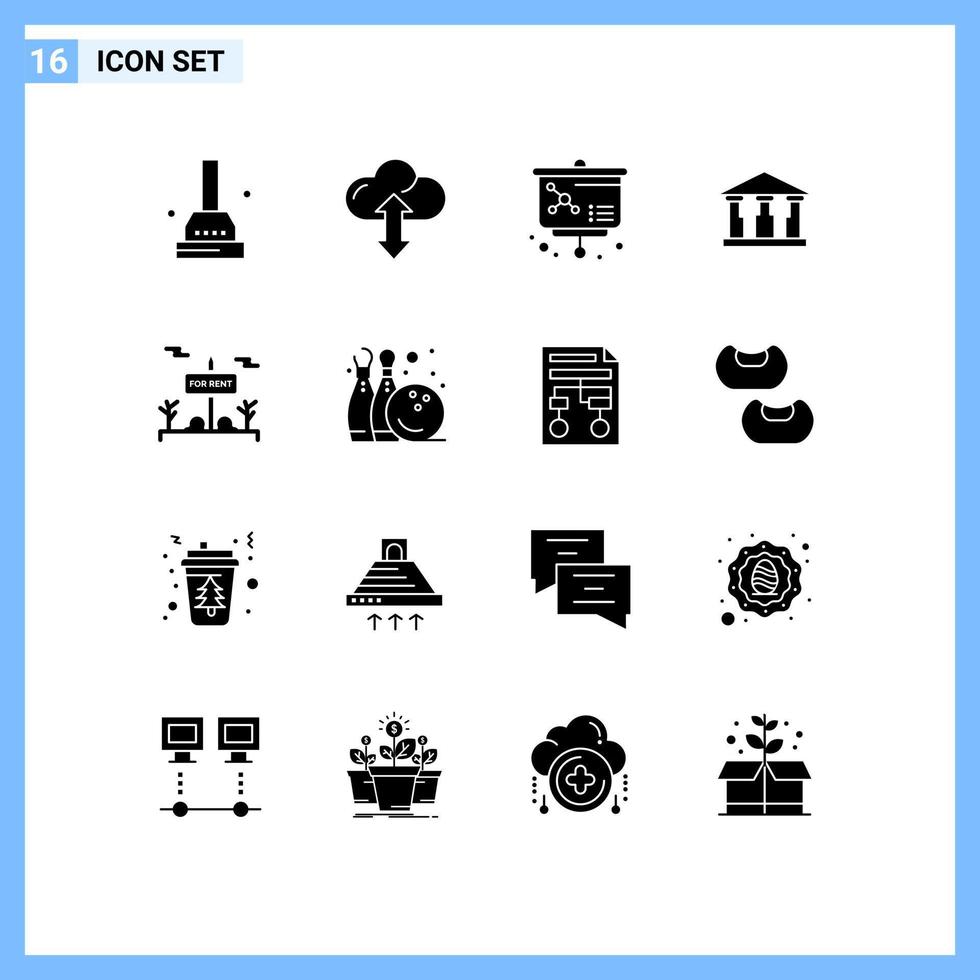 Mobile Interface Solid Glyph Set of 16 Pictograms of bowling pine real estate atom sign mony Editable Vector Design Elements
