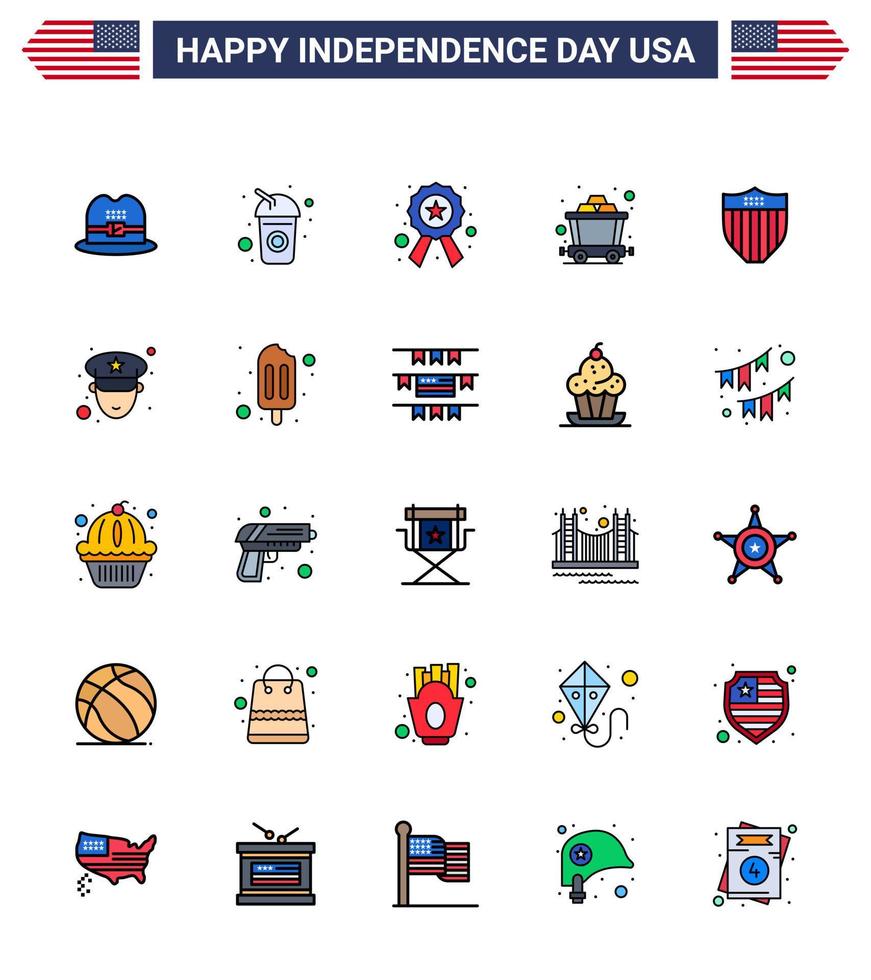 25 estados unidos línea plana llena signos celebración del día de la independencia símbolos de estados unidos escudo policía americano mina editable día de estados unidos elementos de diseño vectorial vector