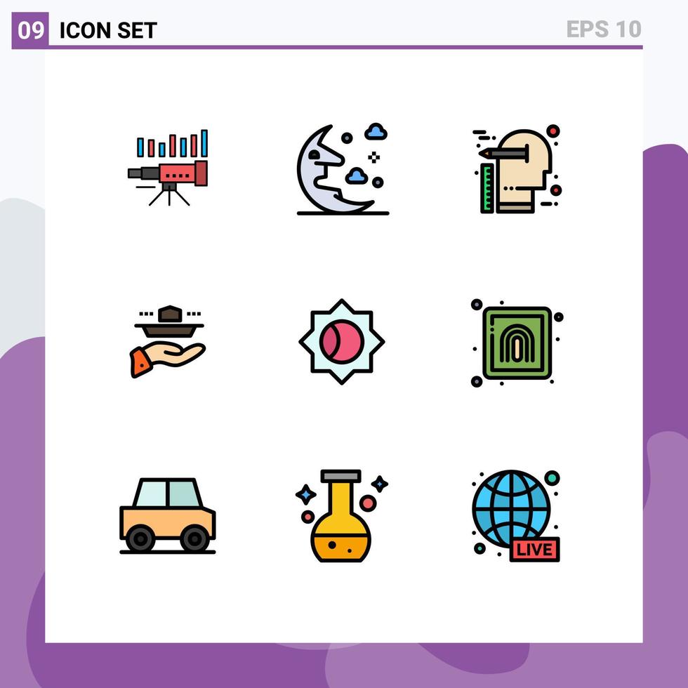 9 User Interface Filledline Flat Color Pack of modern Signs and Symbols of resturant mind moon scale idea Editable Vector Design Elements