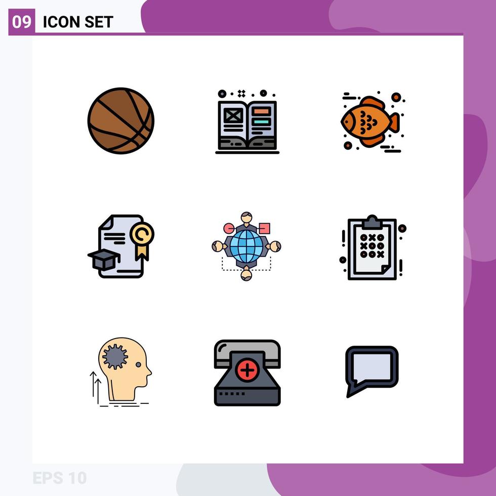 Pictogram Set of 9 Simple Filledline Flat Colors of operation instruction food function graduation Editable Vector Design Elements