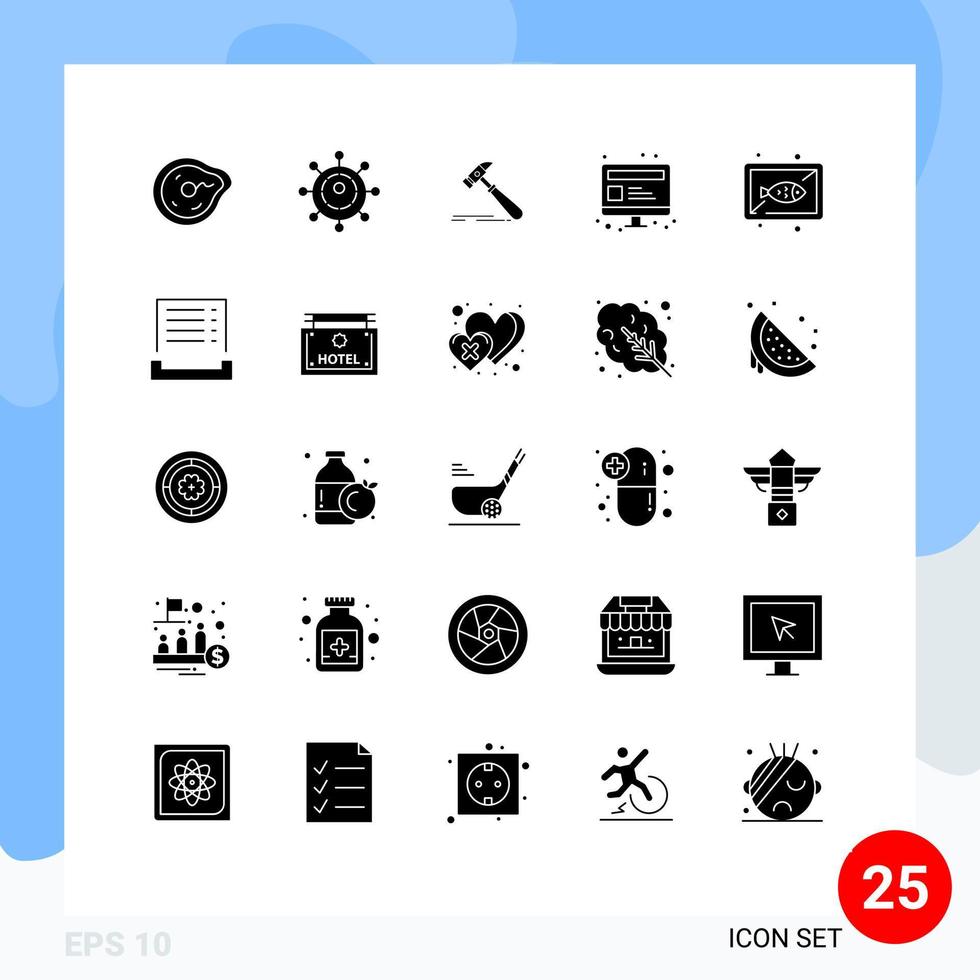 Editable Vector Line Pack of 25 Simple Solid Glyphs of fish web hammer seo carpenter Editable Vector Design Elements