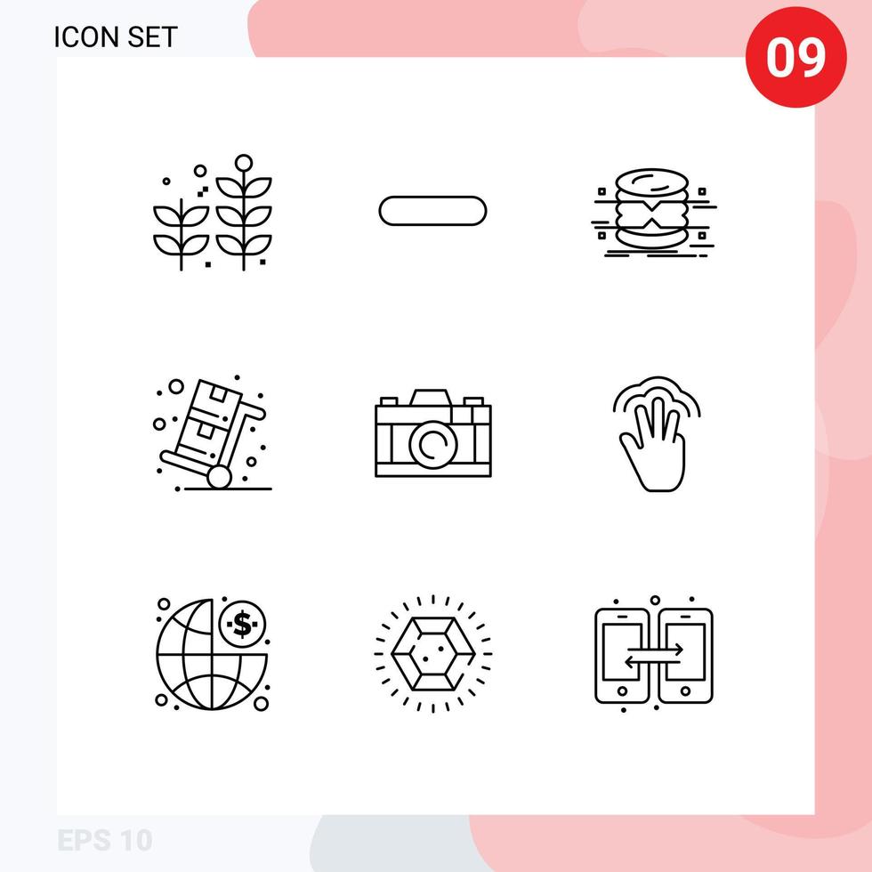 9 Universal Outlines Set for Web and Mobile Applications camera shopping data sales cyber monday Editable Vector Design Elements