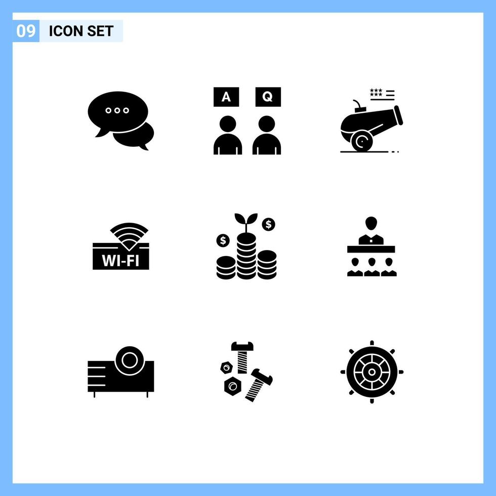 Pack of 9 creative Solid Glyphs of investment device big gun service hotel Editable Vector Design Elements
